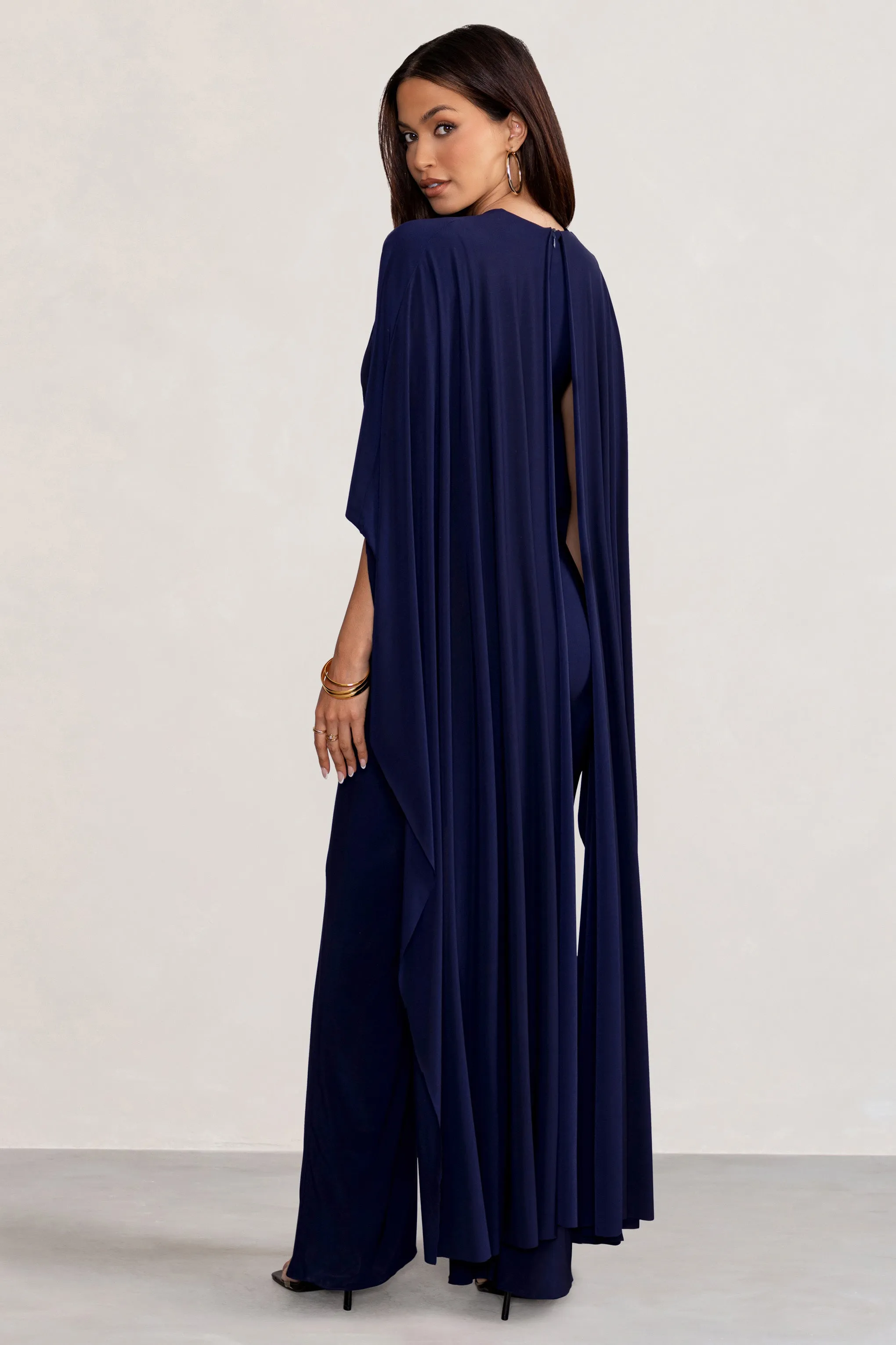 Anais | Navy Plunge Jumpsuit with Cape