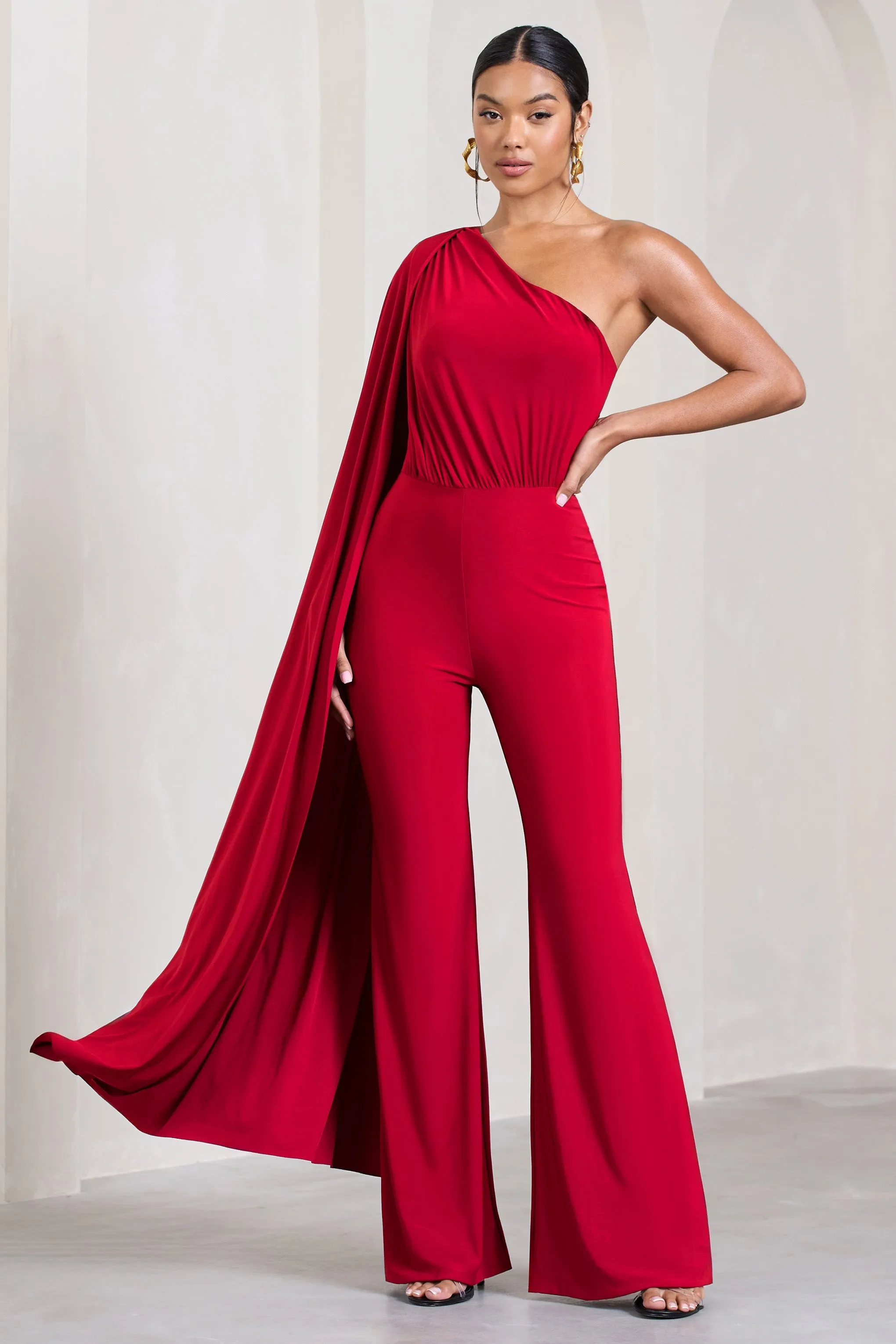 Aurora | Red One Shoulder Cape Sleeve Jumpsuit