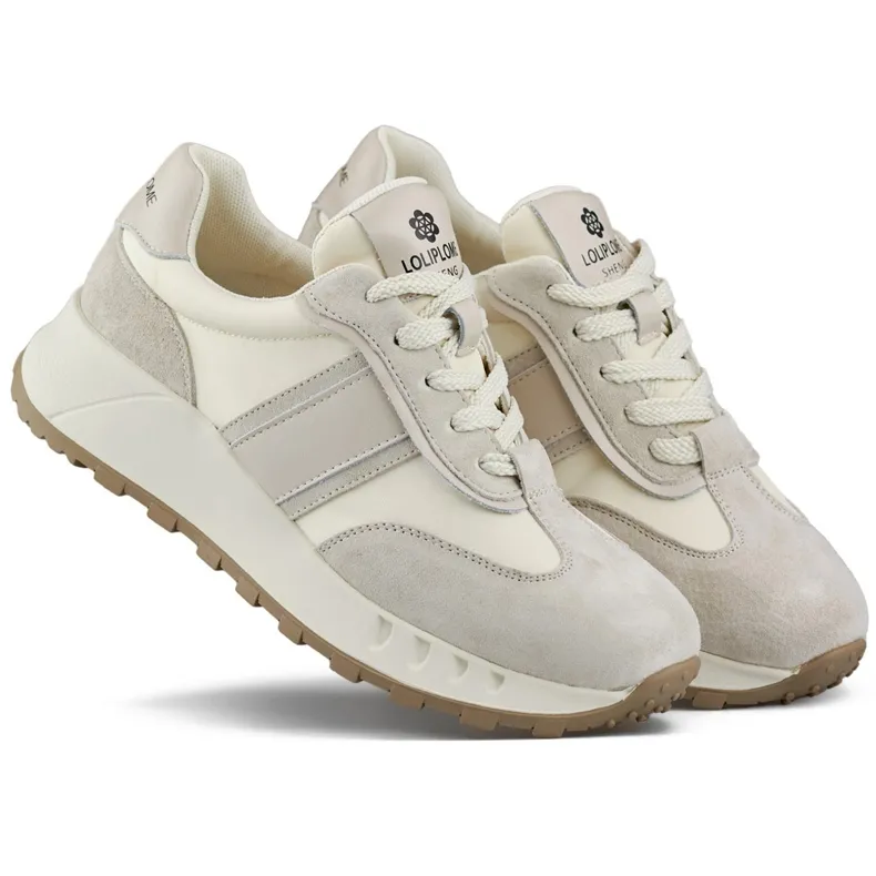 Beige women's sneakers, leather sports shoes for women