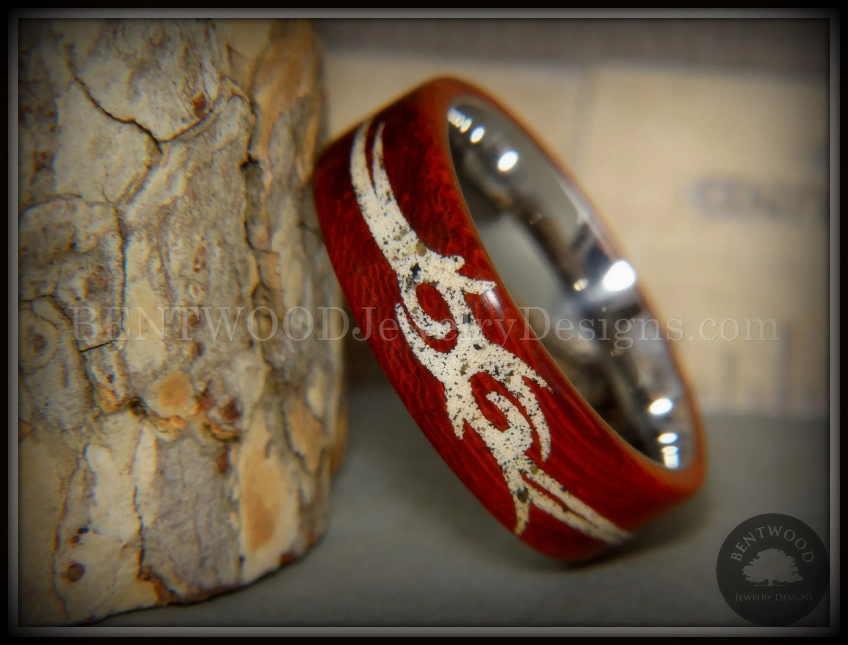 Bentwood Ring - Tribal African Padauk on Titanium Core with Tribal Symbol Cape Town Beach Sand Inlay