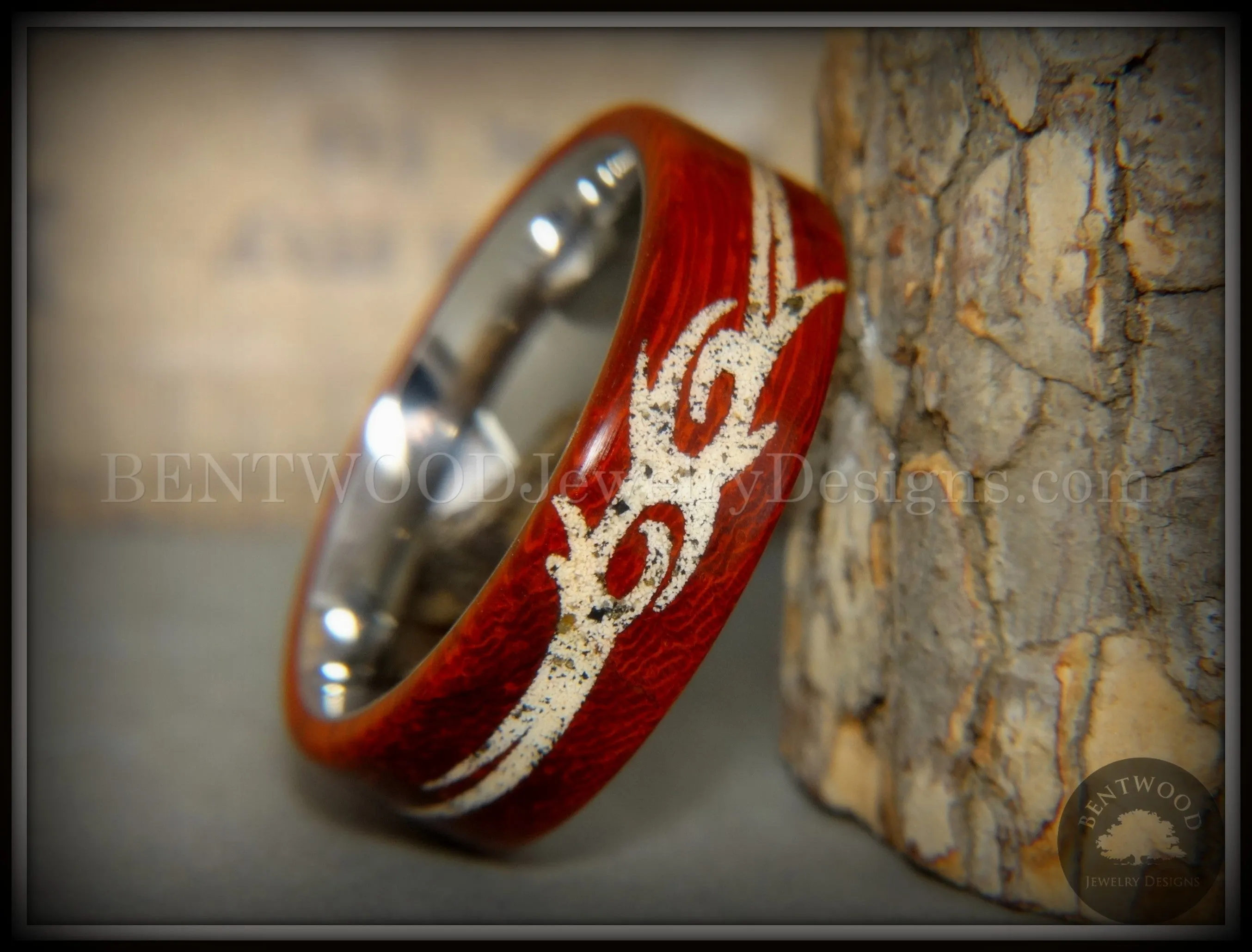 Bentwood Ring - Tribal African Padauk on Titanium Core with Tribal Symbol Cape Town Beach Sand Inlay