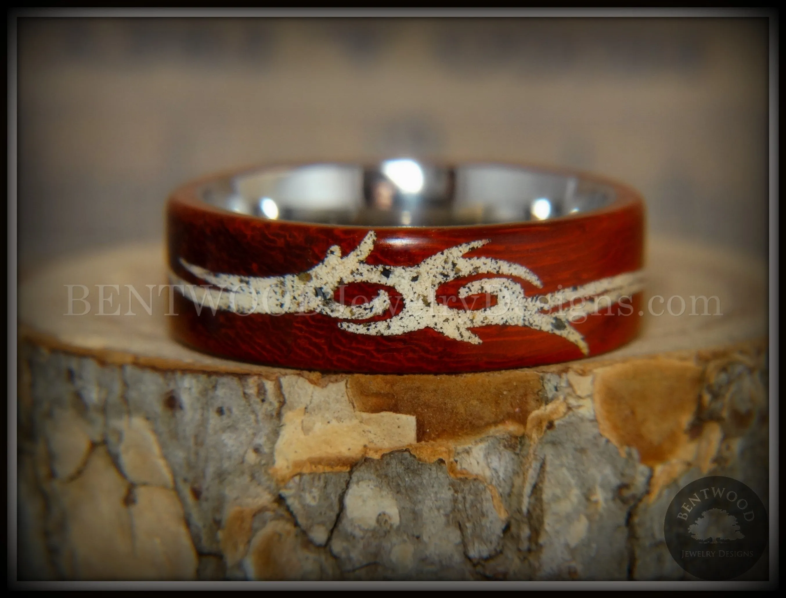 Bentwood Ring - Tribal African Padauk on Titanium Core with Tribal Symbol Cape Town Beach Sand Inlay