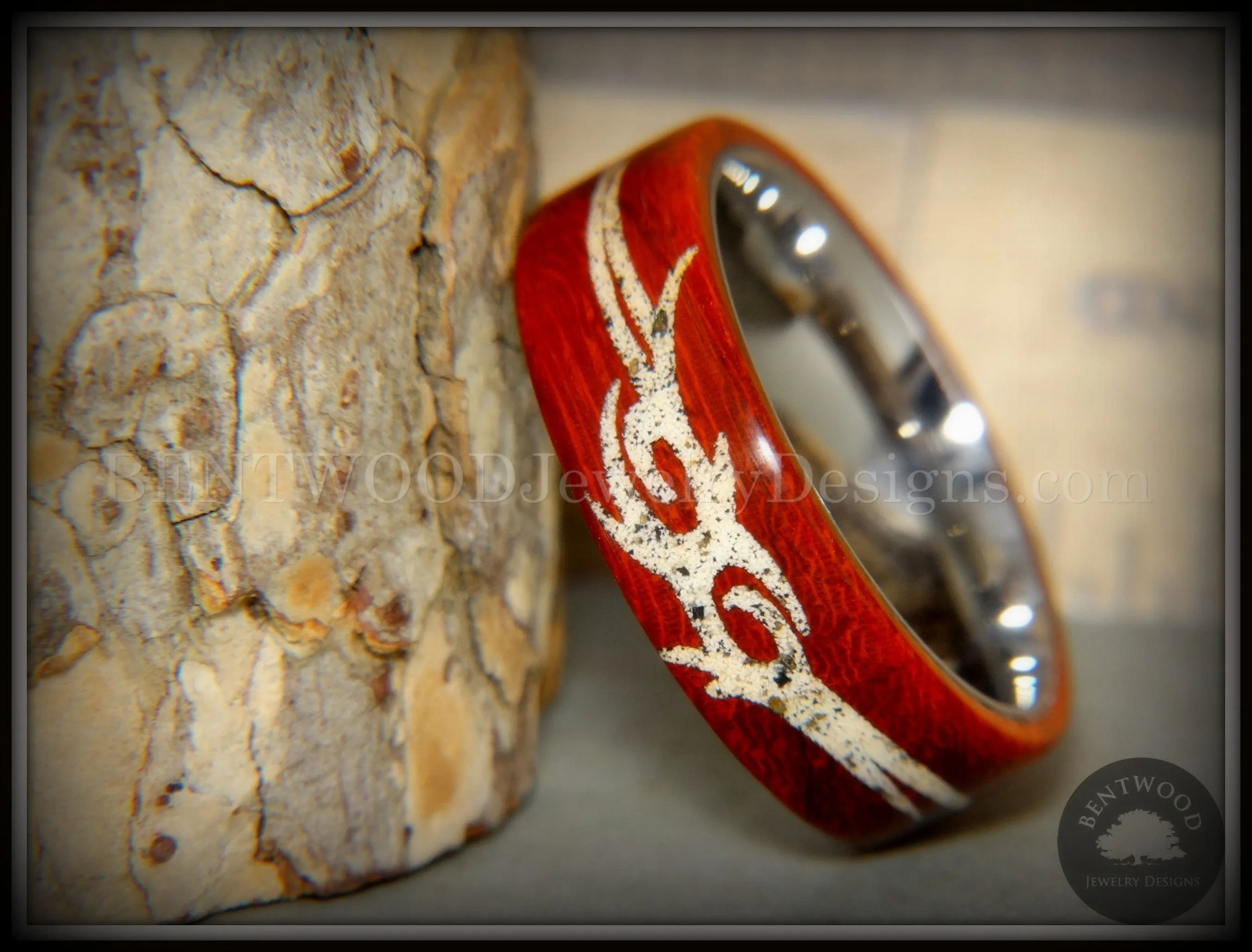 Bentwood Ring - Tribal African Padauk on Titanium Core with Tribal Symbol Cape Town Beach Sand Inlay