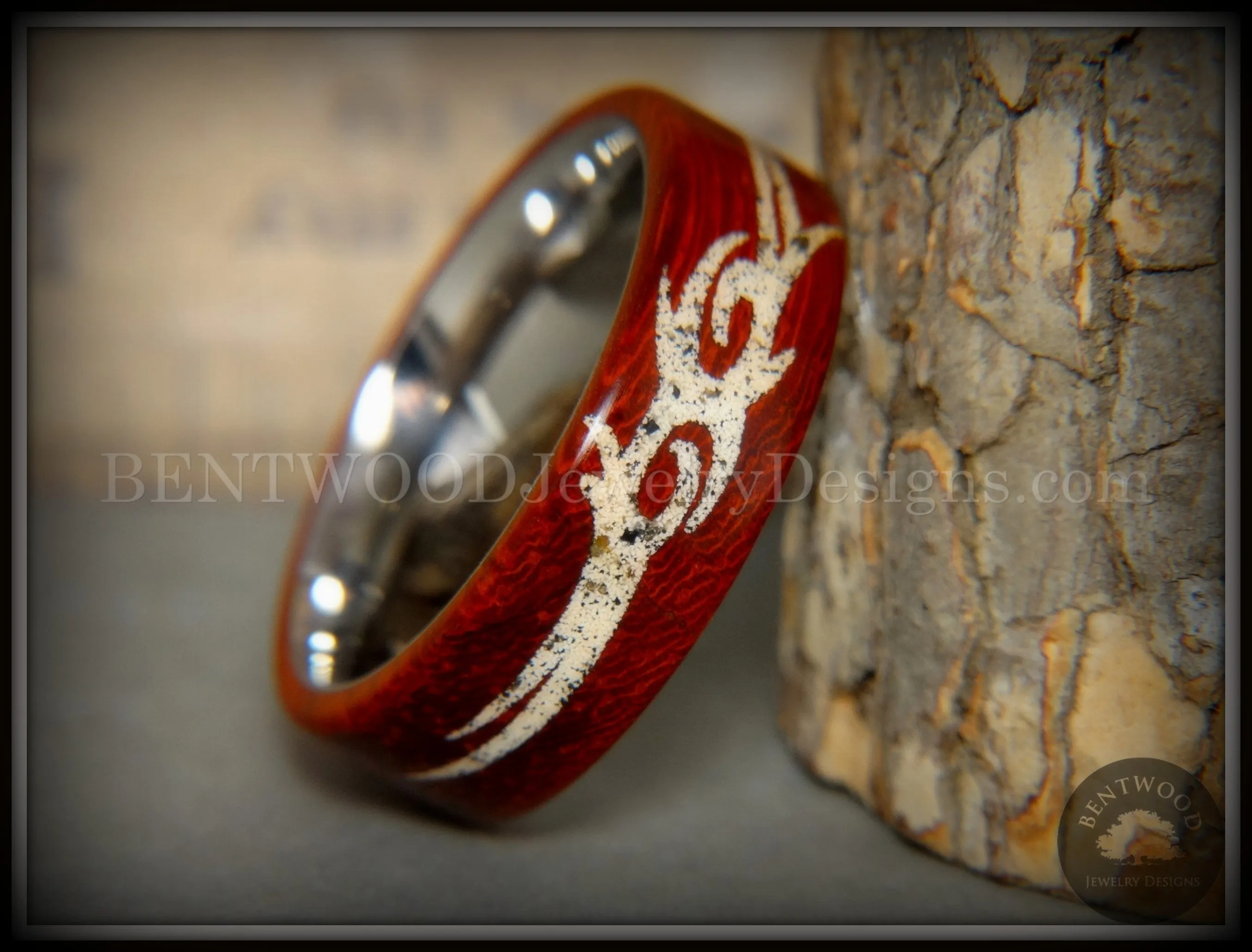 Bentwood Ring - Tribal African Padauk on Titanium Core with Tribal Symbol Cape Town Beach Sand Inlay