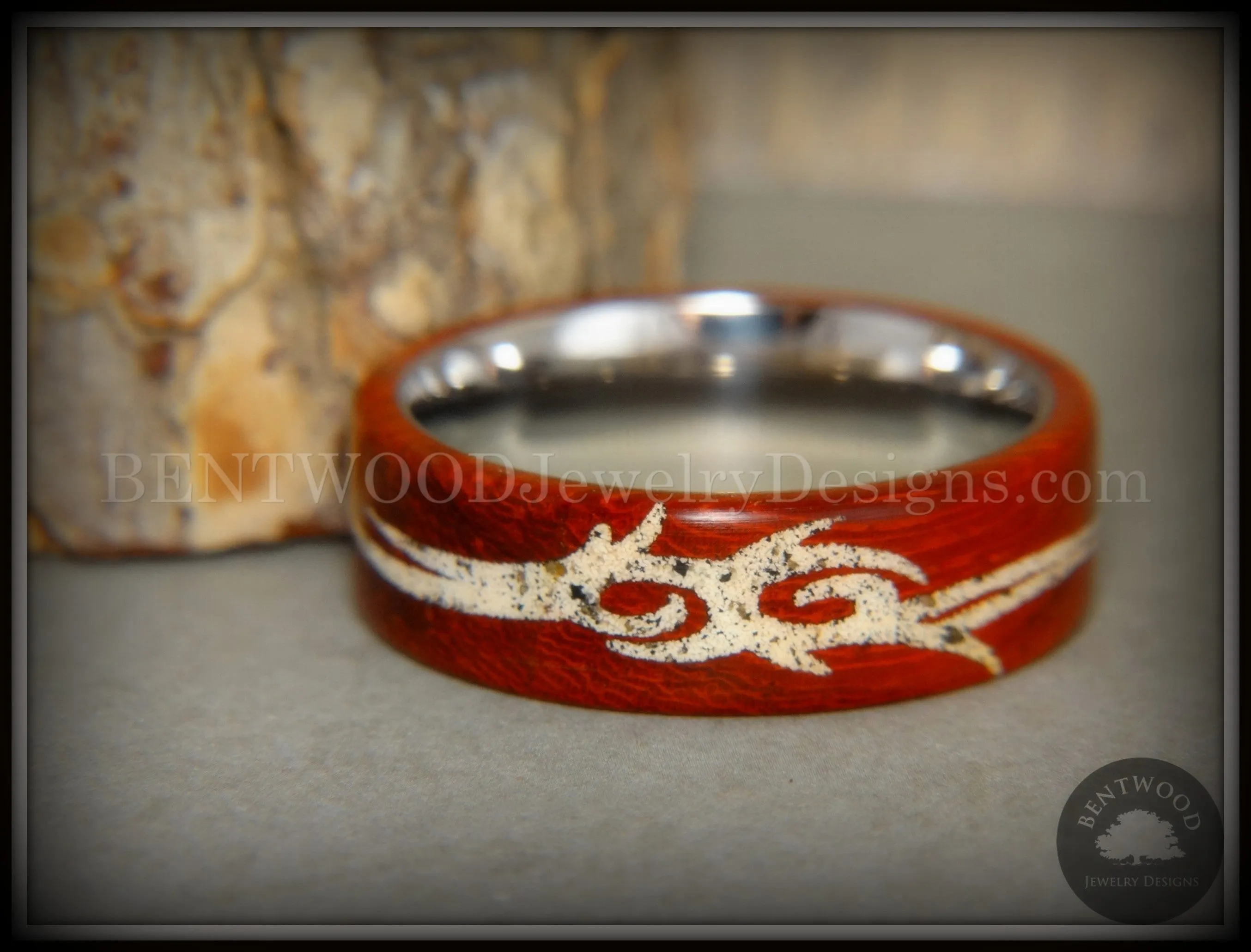 Bentwood Ring - Tribal African Padauk on Titanium Core with Tribal Symbol Cape Town Beach Sand Inlay