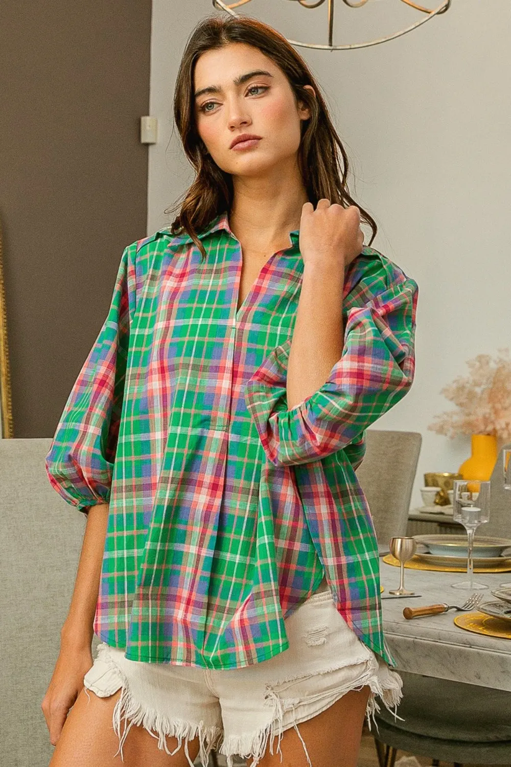 BiBi Plaid Balloon Sleeve Blouse