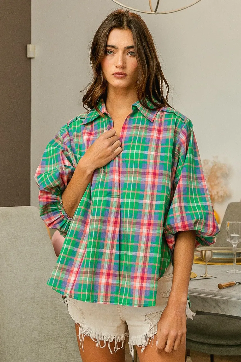 BiBi Plaid Balloon Sleeve Blouse