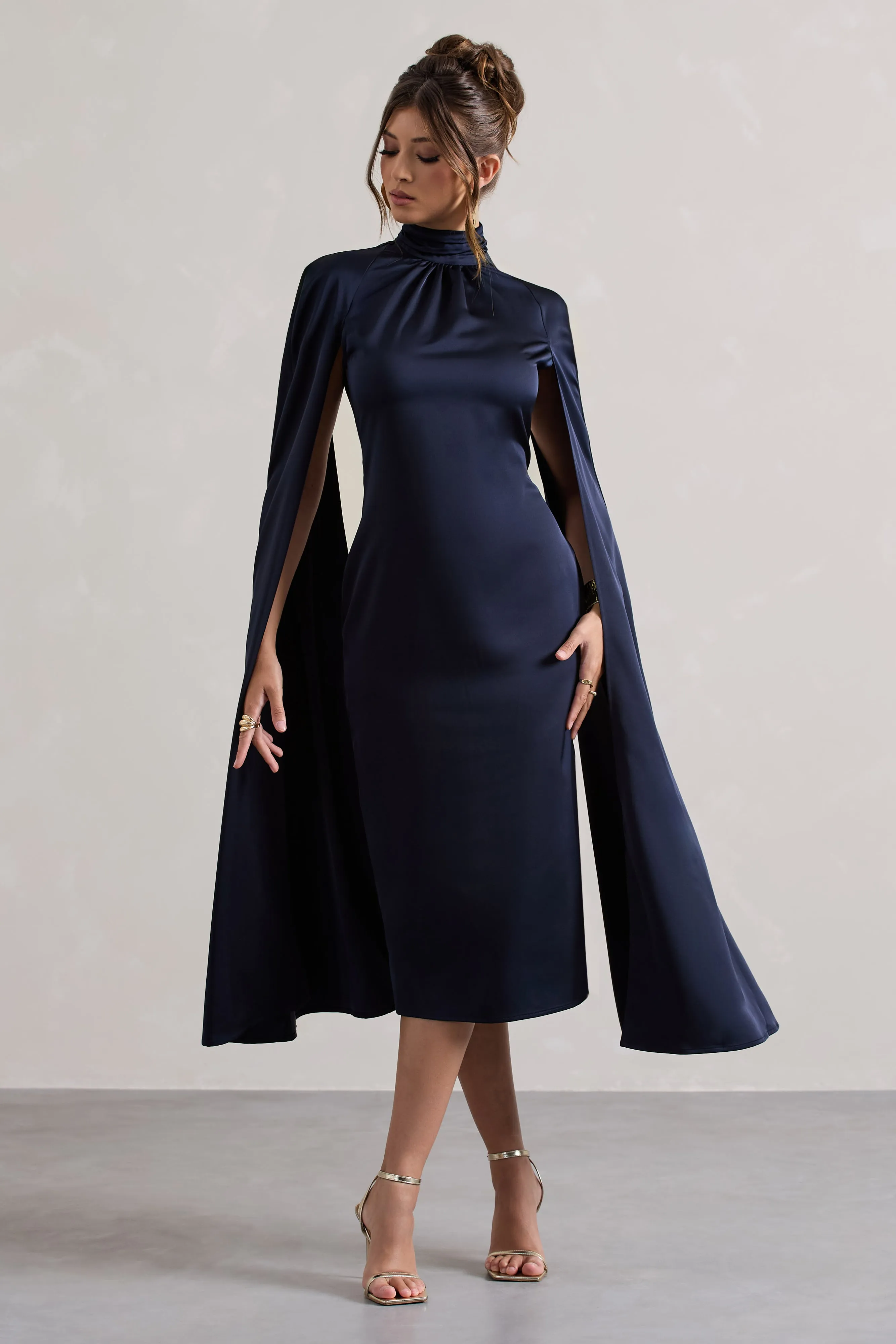 Brogan | Navy Satin High-Neck Midi Dress With Cape Sleeves