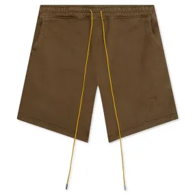 Brown sweatshorts.