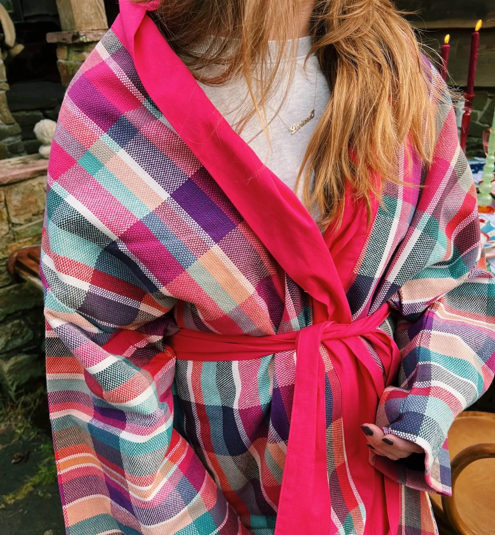 Embroidered Happy Smile Plaid Kimono