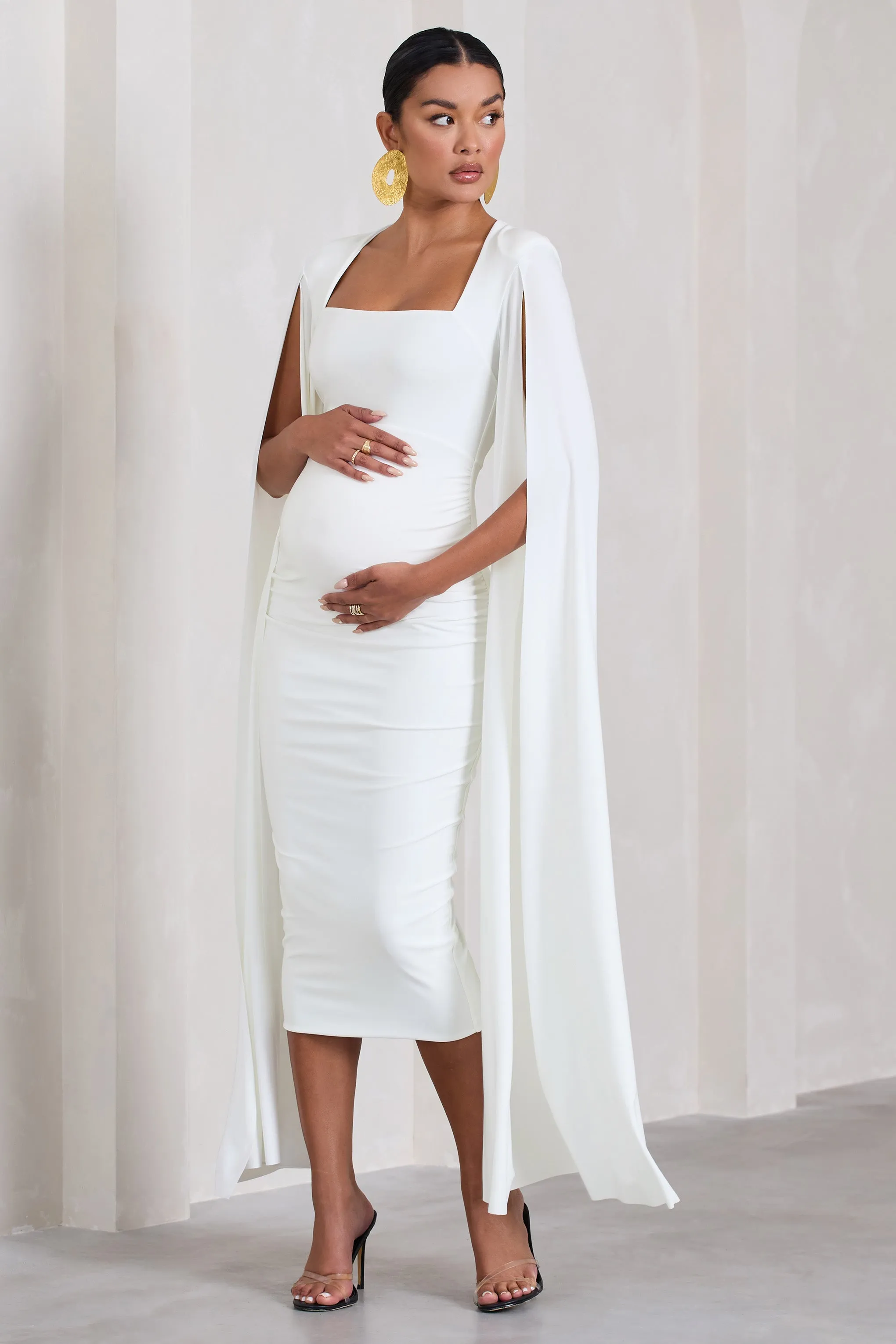 Flawless | White Maternity Square Neck Midi Dress With Cape Sleeves