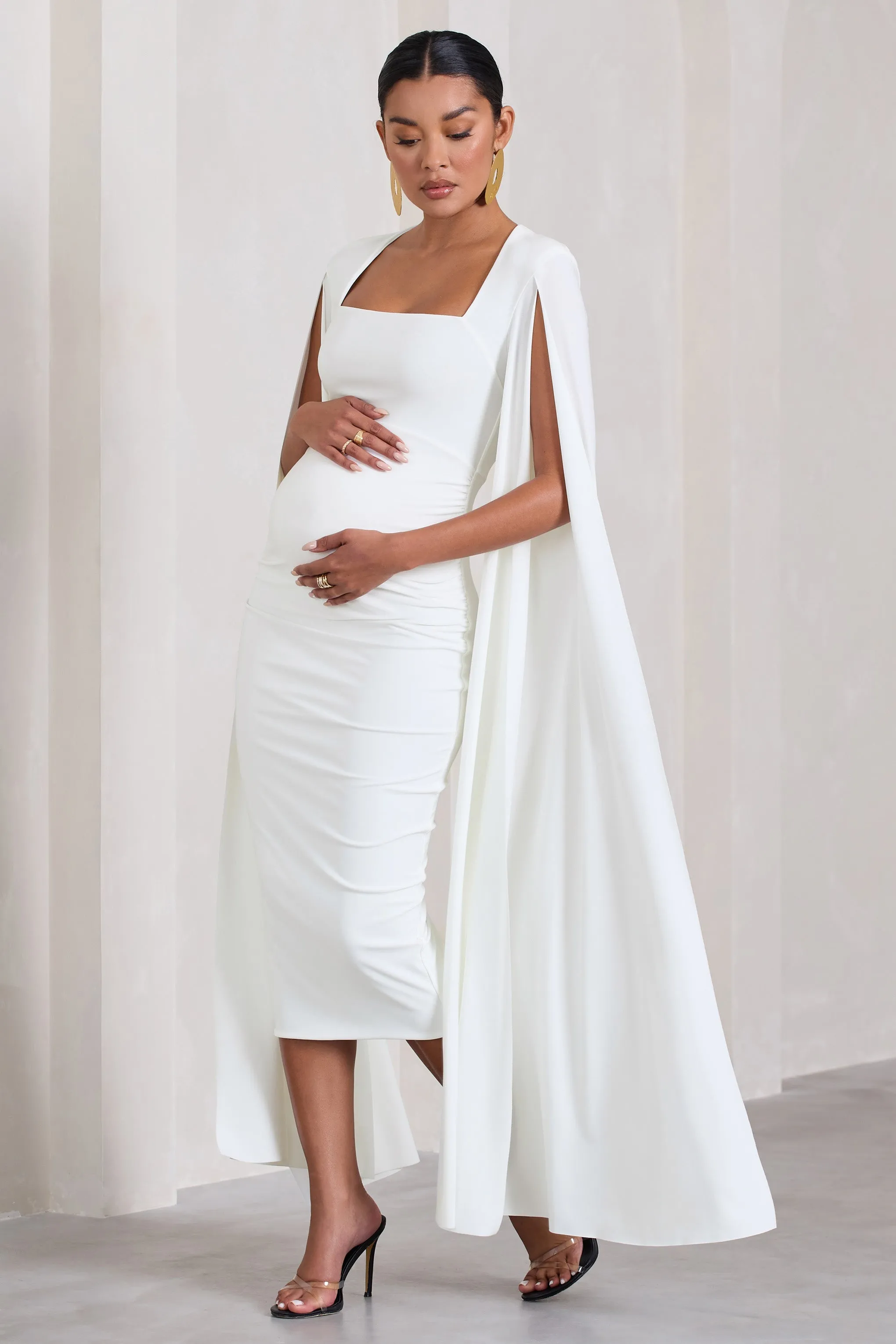 Flawless | White Maternity Square Neck Midi Dress With Cape Sleeves