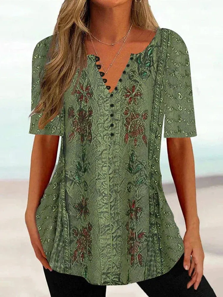 Floral Henley Tunic Tee Women