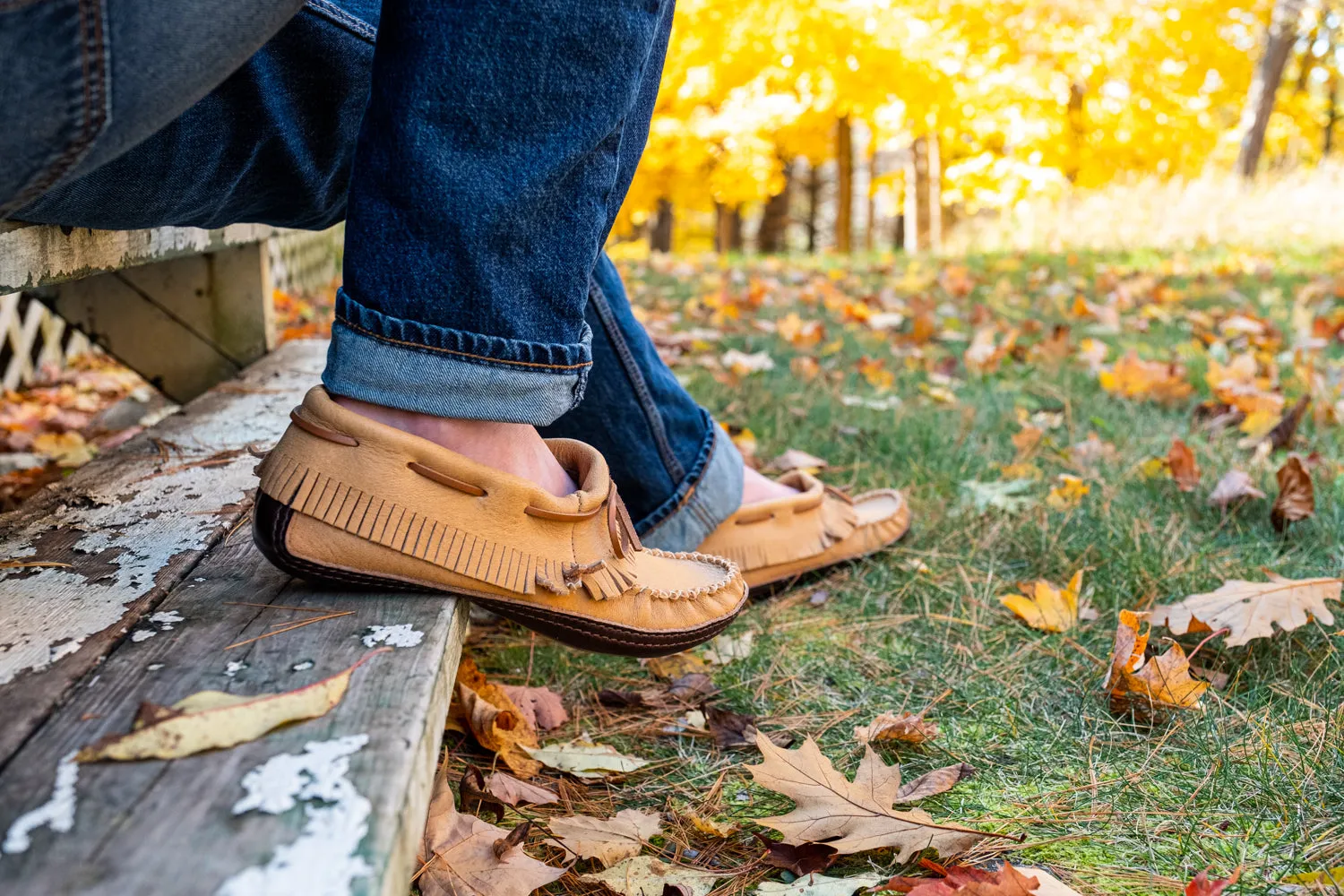 Fringed Moose Hide Grounding Moccasins for Men