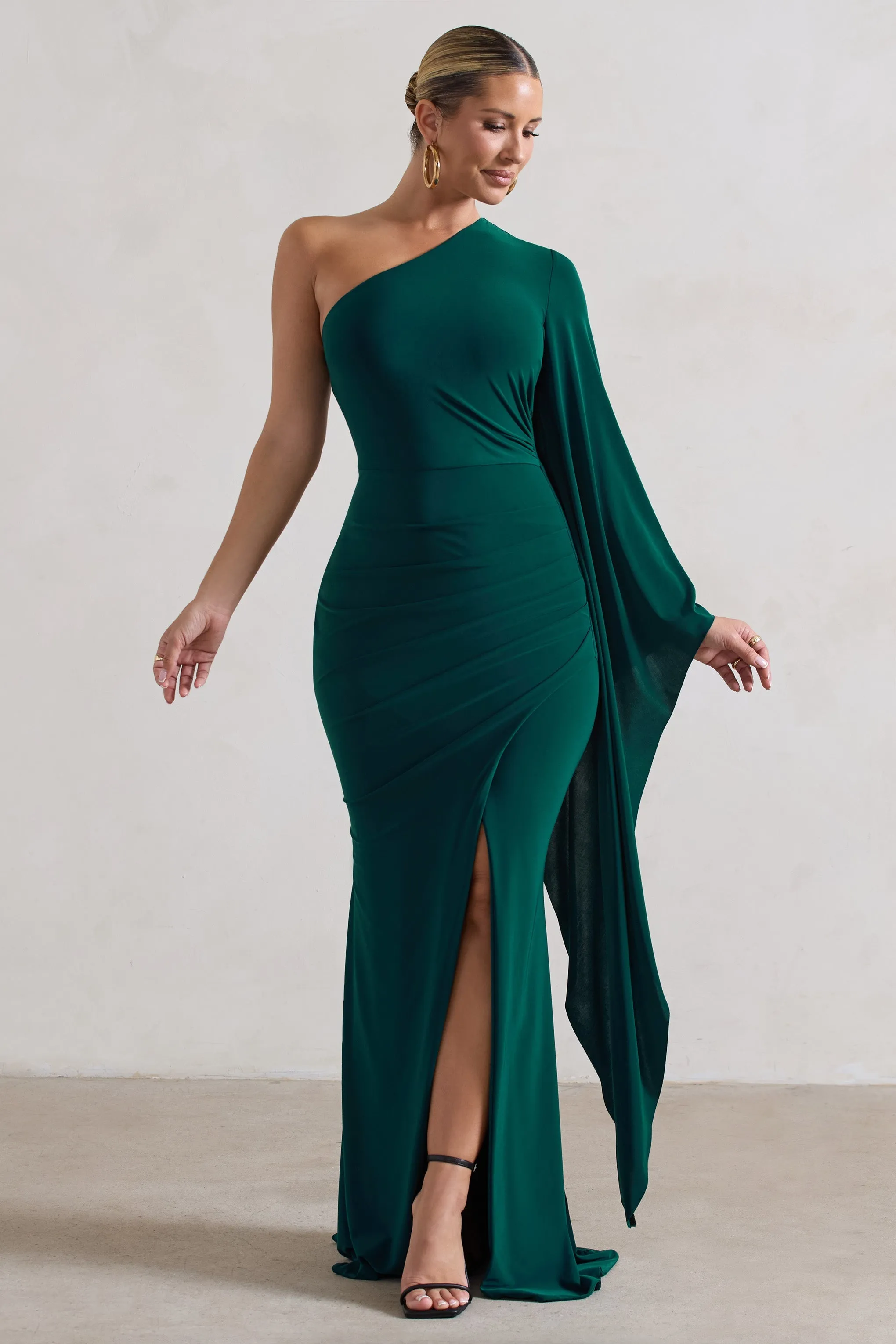 Giada | Bottle Green Ruched One Shoulder Cape Sleeve Maxi Dress