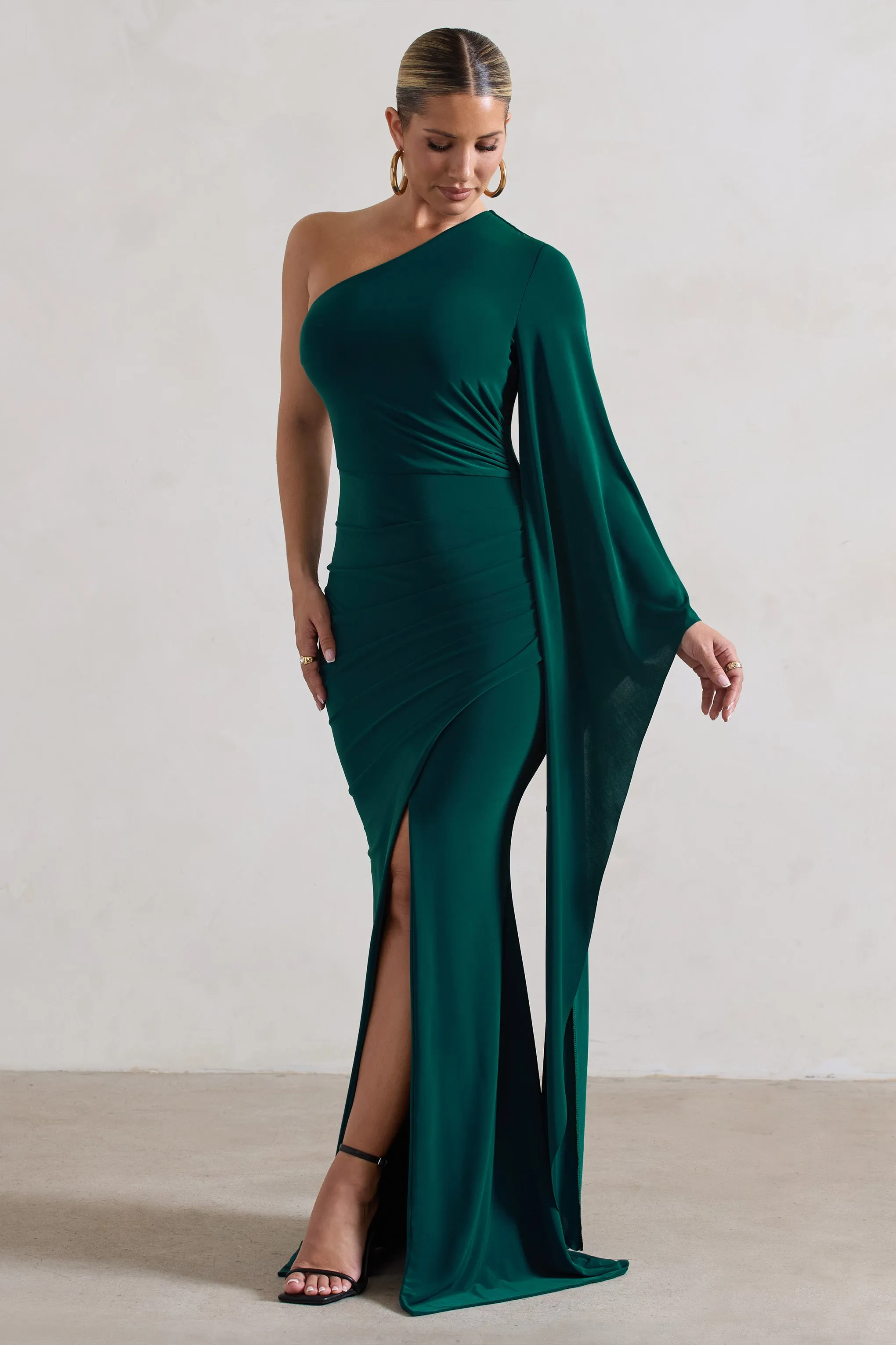 Giada | Bottle Green Ruched One Shoulder Cape Sleeve Maxi Dress