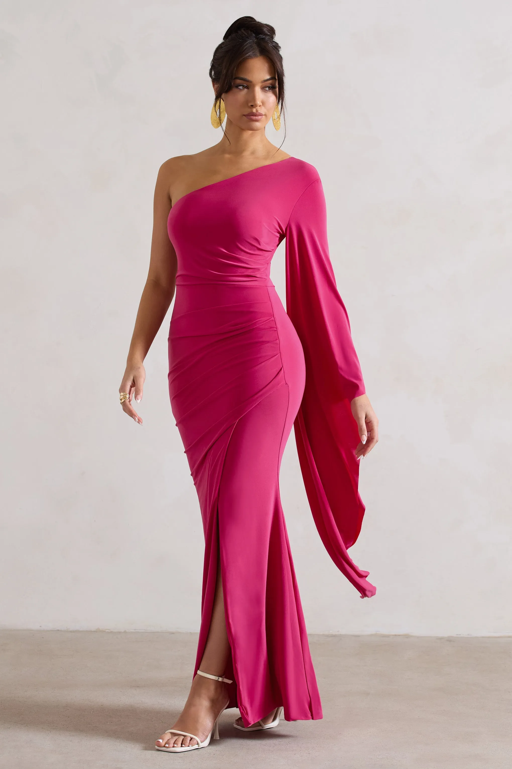 Giada | Dark Pink Ruched One Shoulder Cape Sleeve Maxi Dress