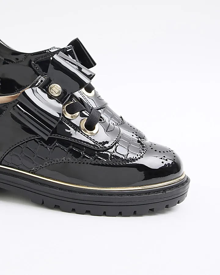 Girls black patent bow brogue shoes