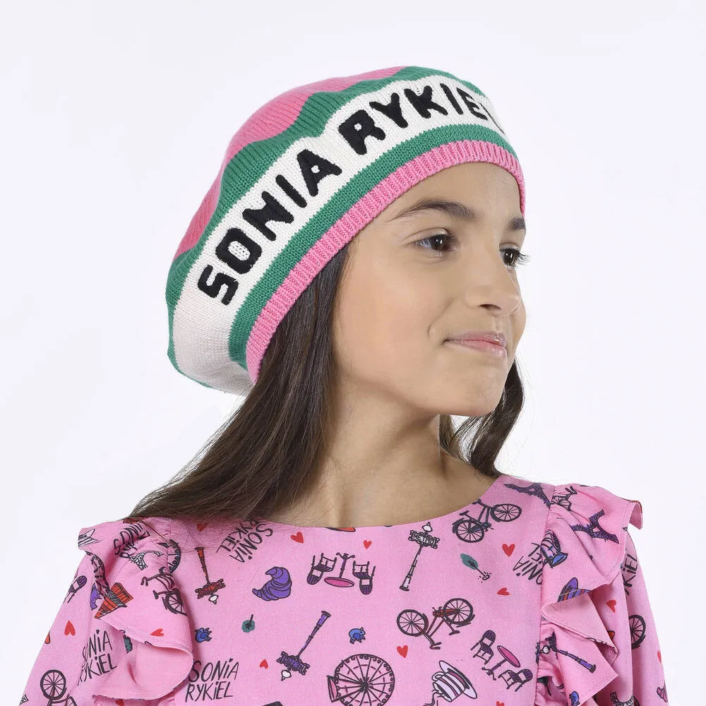 Girls Pink Striped Knitted Beret