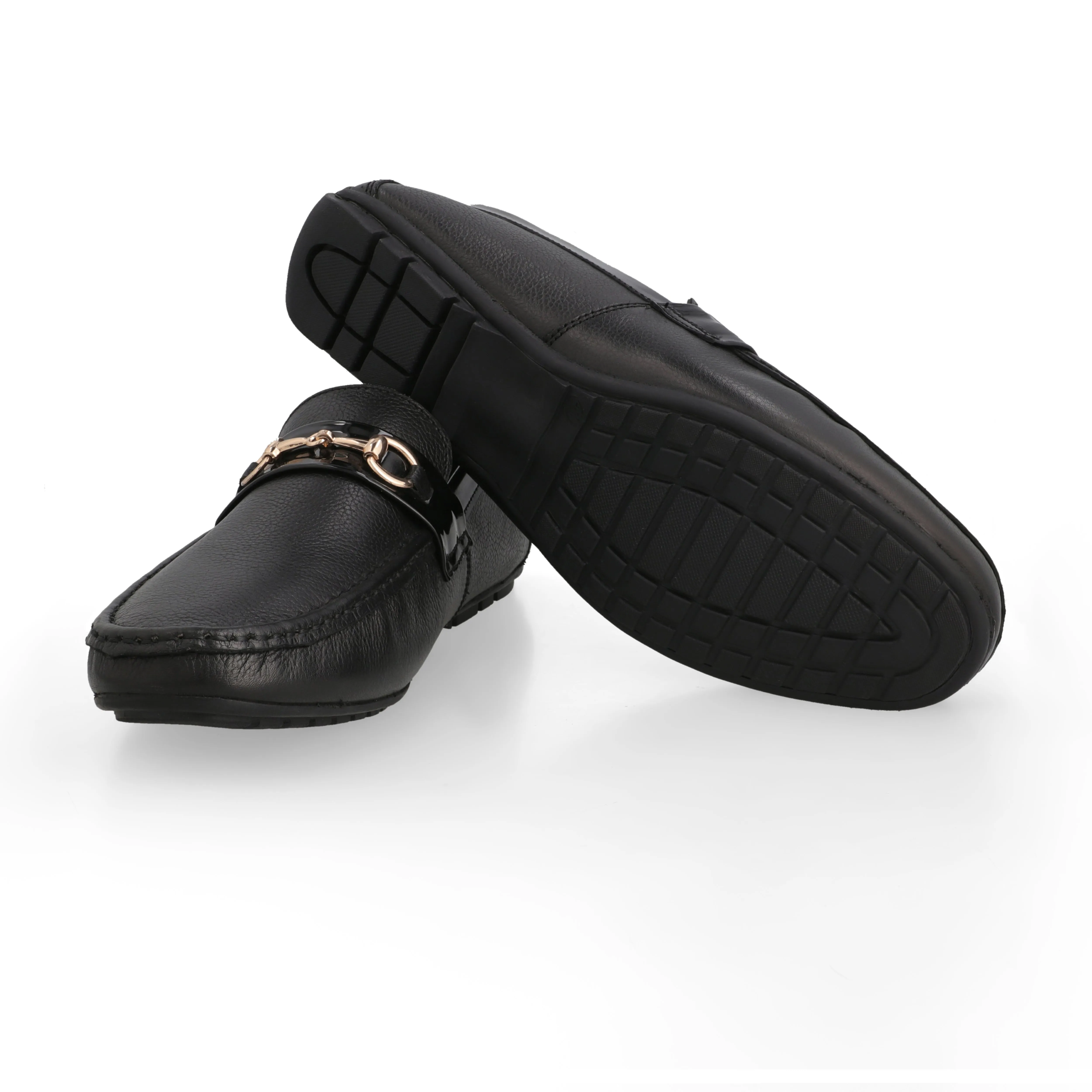 Gold Horse-Bit Buckle Moccasins-Black: Stylish and Sophisticated Footwear Option