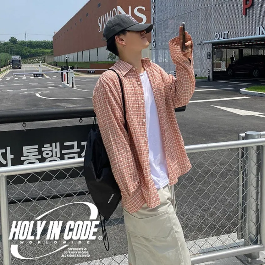 HOLY IN CODE  |Other Plaid Patterns Unisex Linen Street Style Long Sleeves