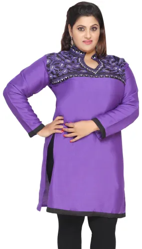 India Long Poly Silk Kurti Womens Plus Size Indian Clothes (Purple)