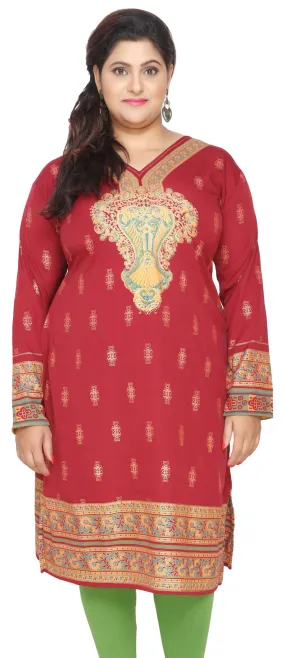 India Tunic Long Top Kurti Womens Plus Size Indian Clothes (Red)