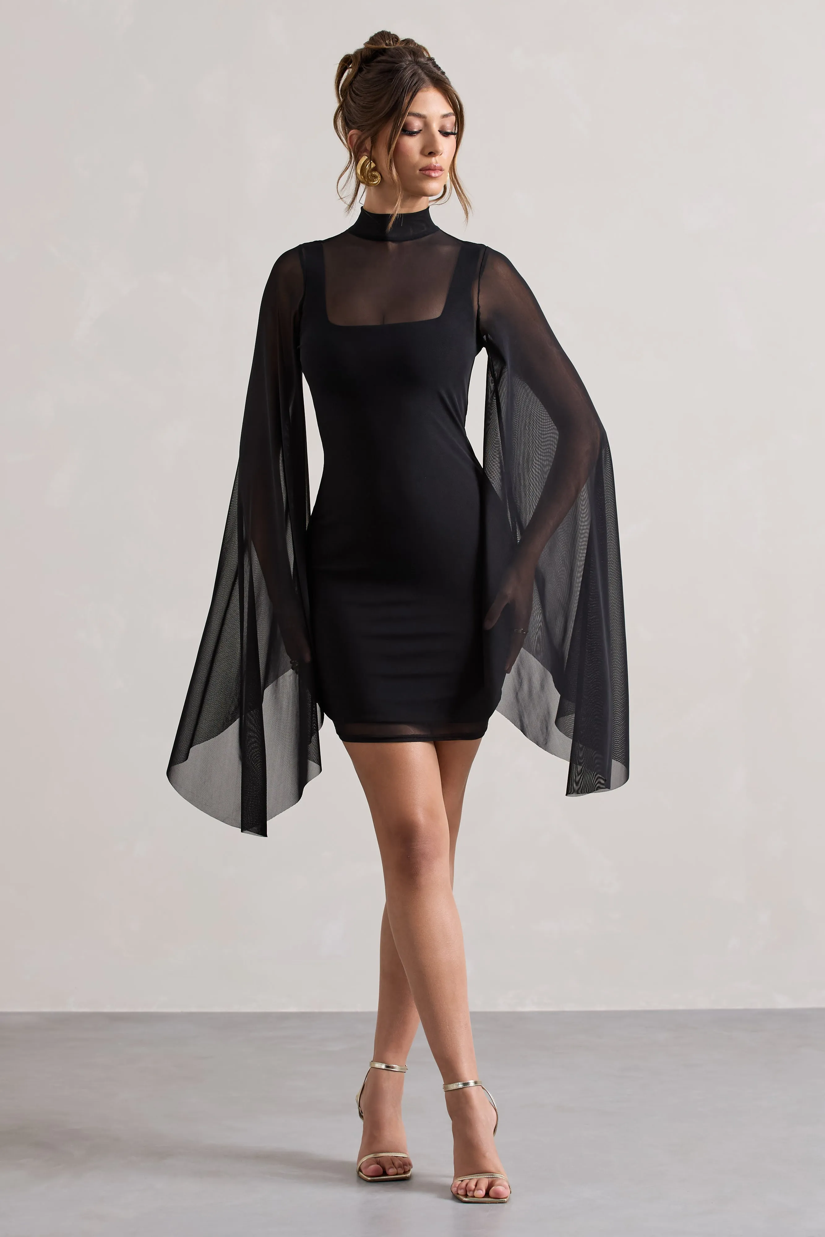 Jenny | Black Mesh High-Neck Cape-Sleeve Mini Dress