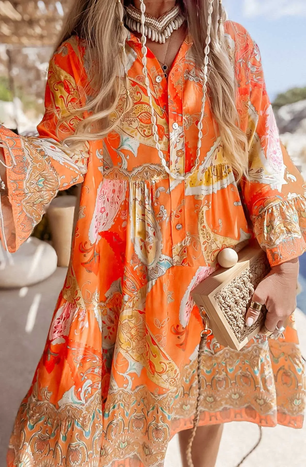 Kira  - Oversized Abstract Floral Tunic Dress  Orange/Yellow