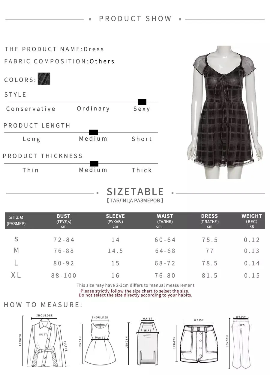 Lattice Pattern Mini Dress Women Gothic Square Collar Bow Dresses