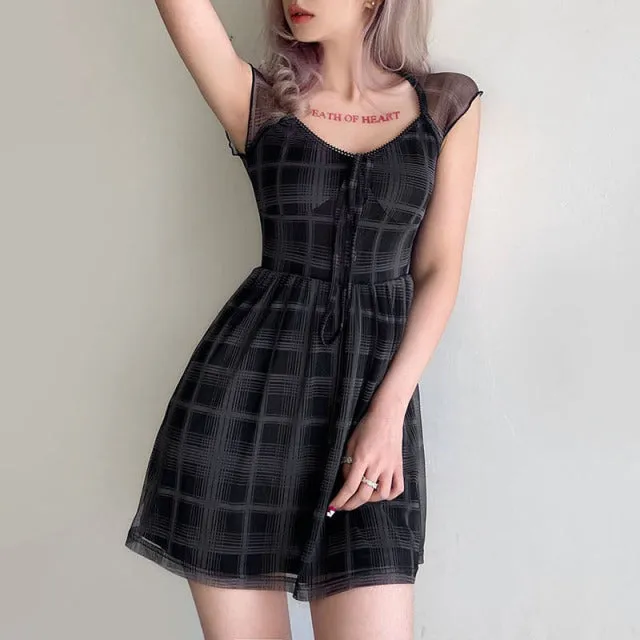 Lattice Pattern Mini Dress Women Gothic Square Collar Bow Dresses