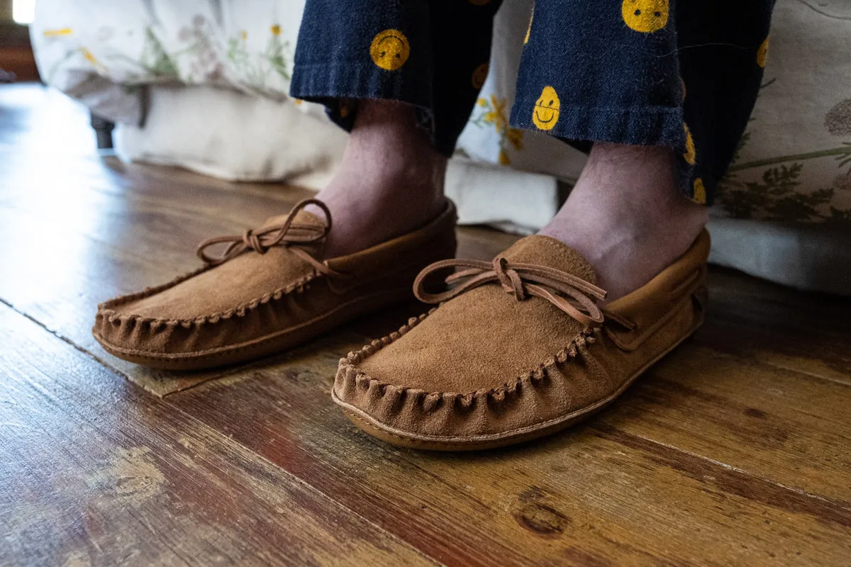 Leather Trim Moccasins, Dark Tan Suede, Men's Soft Sole