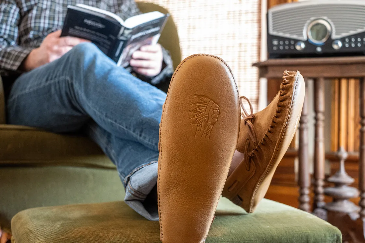 Leather Trim Moccasins, Dark Tan Suede, Men's Soft Sole