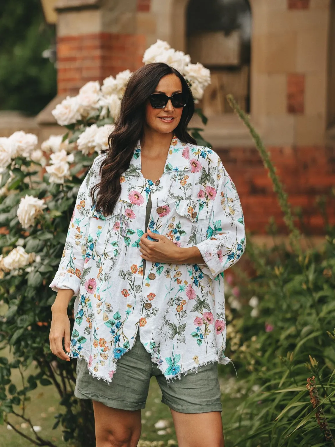 Linen Floral Distressed Hem Shirt Zelda