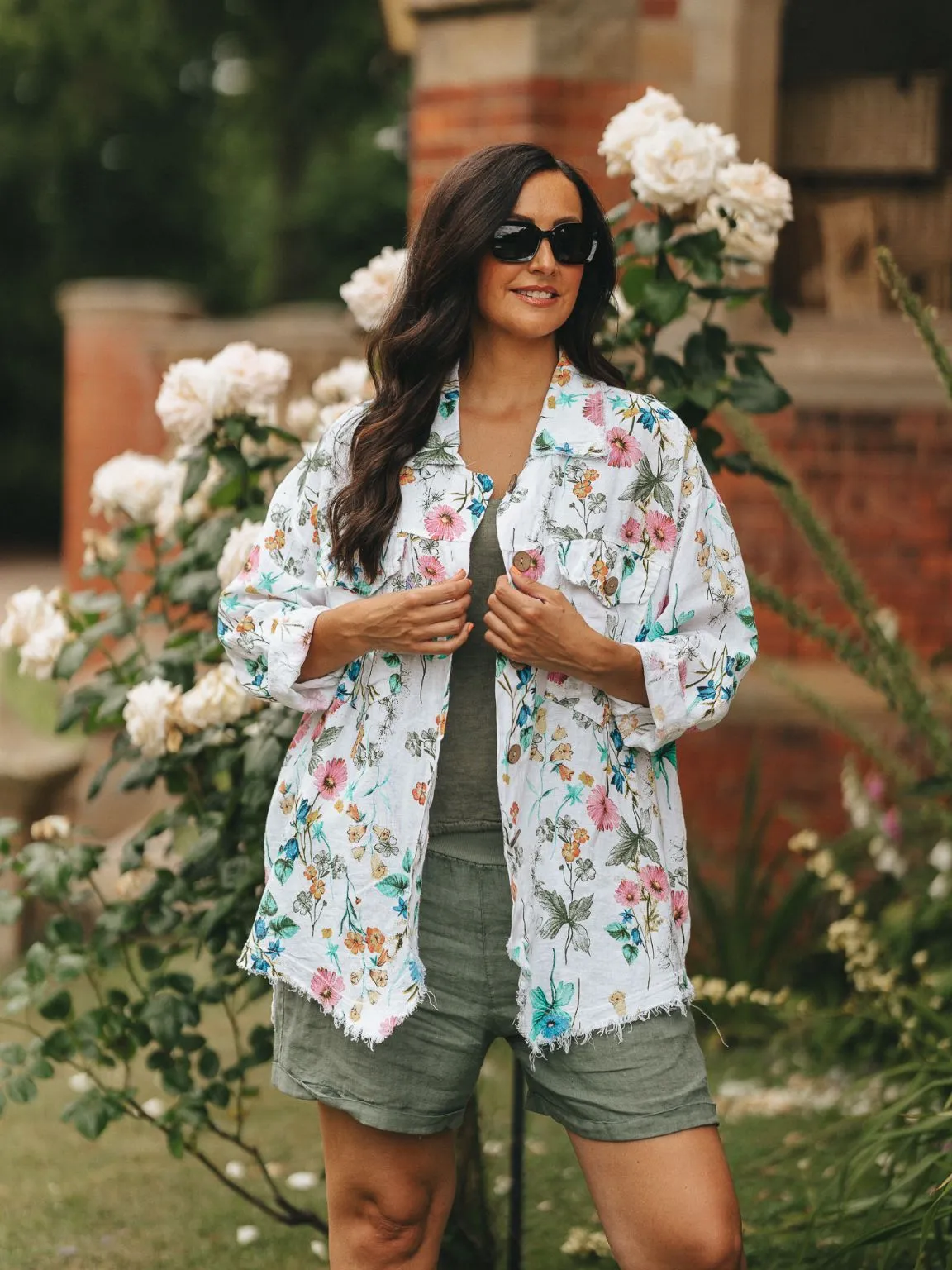 Linen Floral Distressed Hem Shirt Zelda