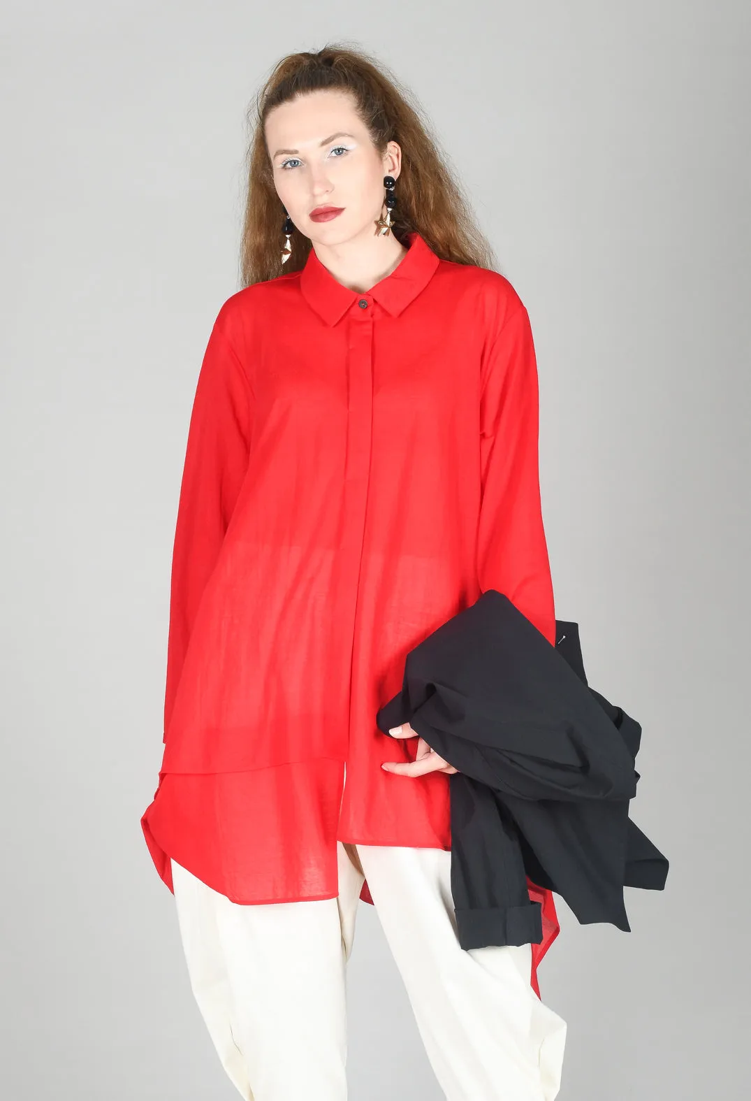 Longline Asymmetric Hem Shirt in Red