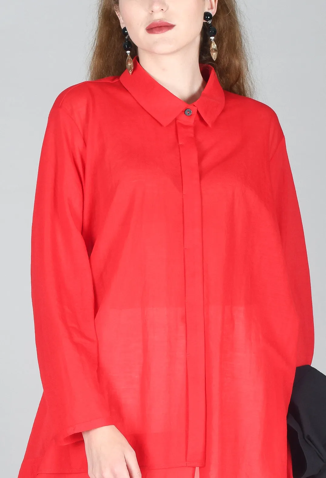 Longline Asymmetric Hem Shirt in Red