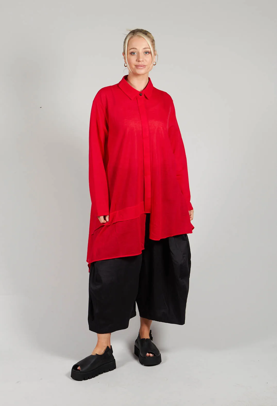 Longline Asymmetric Hem Shirt in Red