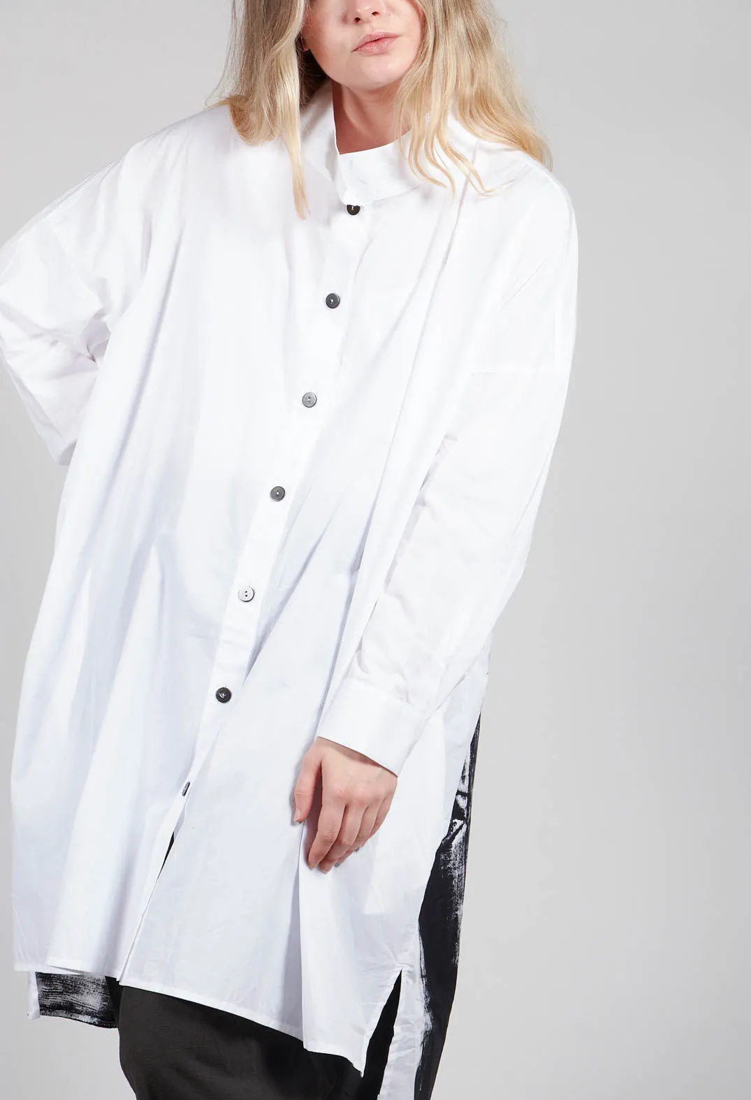 Longline Shirt with Print at Hemline in White and Black