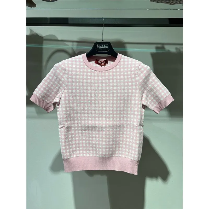 Max Mara Studio  |Crew Neck Other Plaid Patterns Short Sleeves Elegant Style