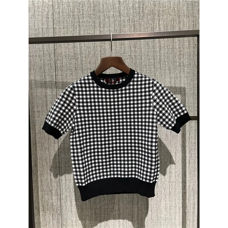 Max Mara Studio  |Crew Neck Other Plaid Patterns Short Sleeves Elegant Style