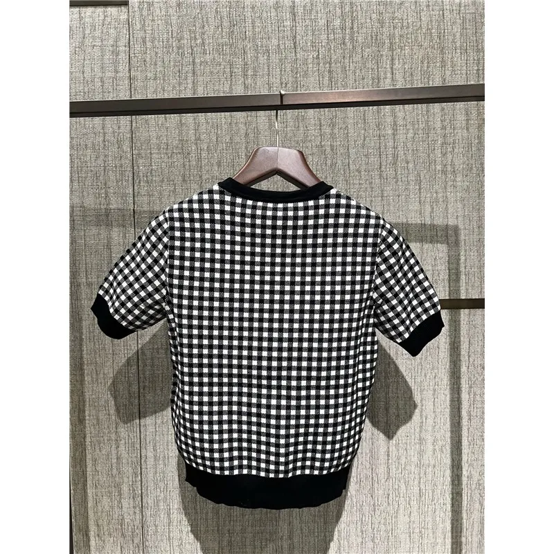 Max Mara Studio  |Crew Neck Other Plaid Patterns Short Sleeves Elegant Style