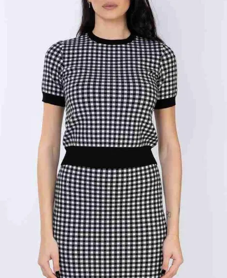 Max Mara Studio  |Crew Neck Other Plaid Patterns Short Sleeves Elegant Style