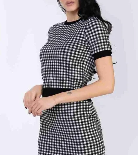 Max Mara Studio  |Crew Neck Other Plaid Patterns Short Sleeves Elegant Style