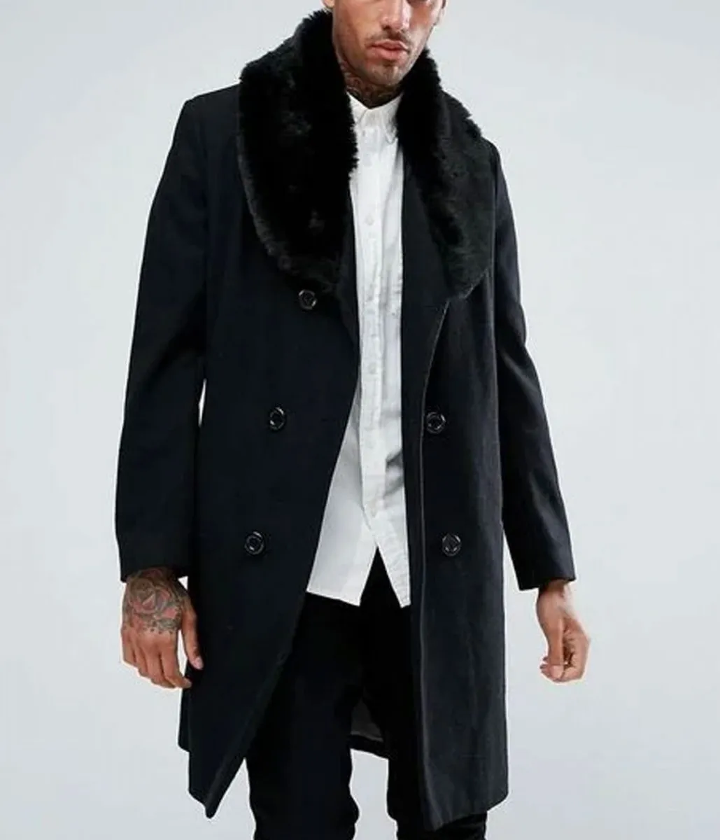 Men’s Double Breasted Black Overcoat with Faux Fur Trim