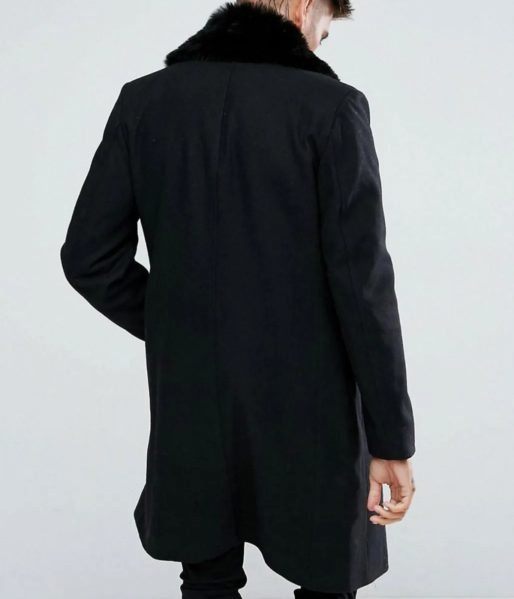 Men’s Double Breasted Black Overcoat with Faux Fur Trim