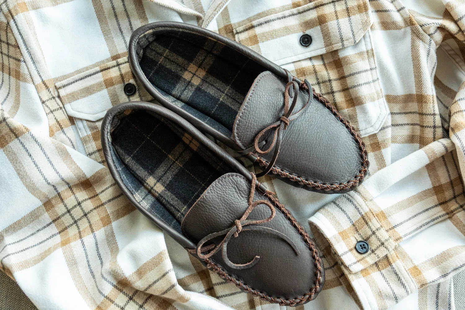 Men's Leather Moccasins Slippers: Lined and on Clearance