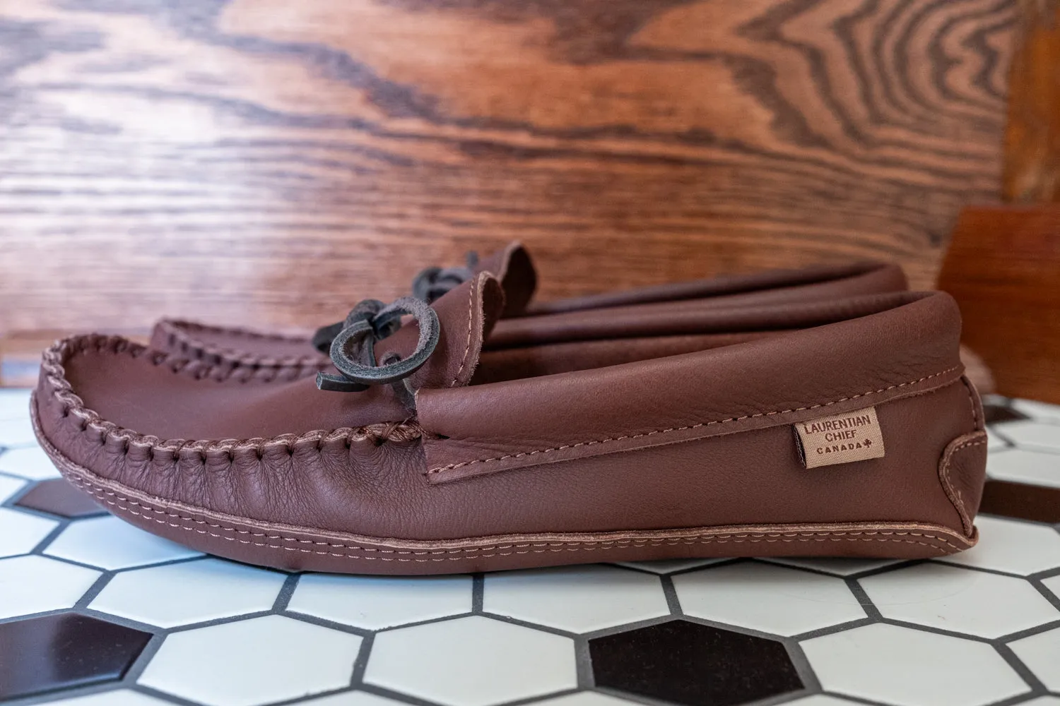 Men's Leather Moccasins with Soft Sole in Woodstain