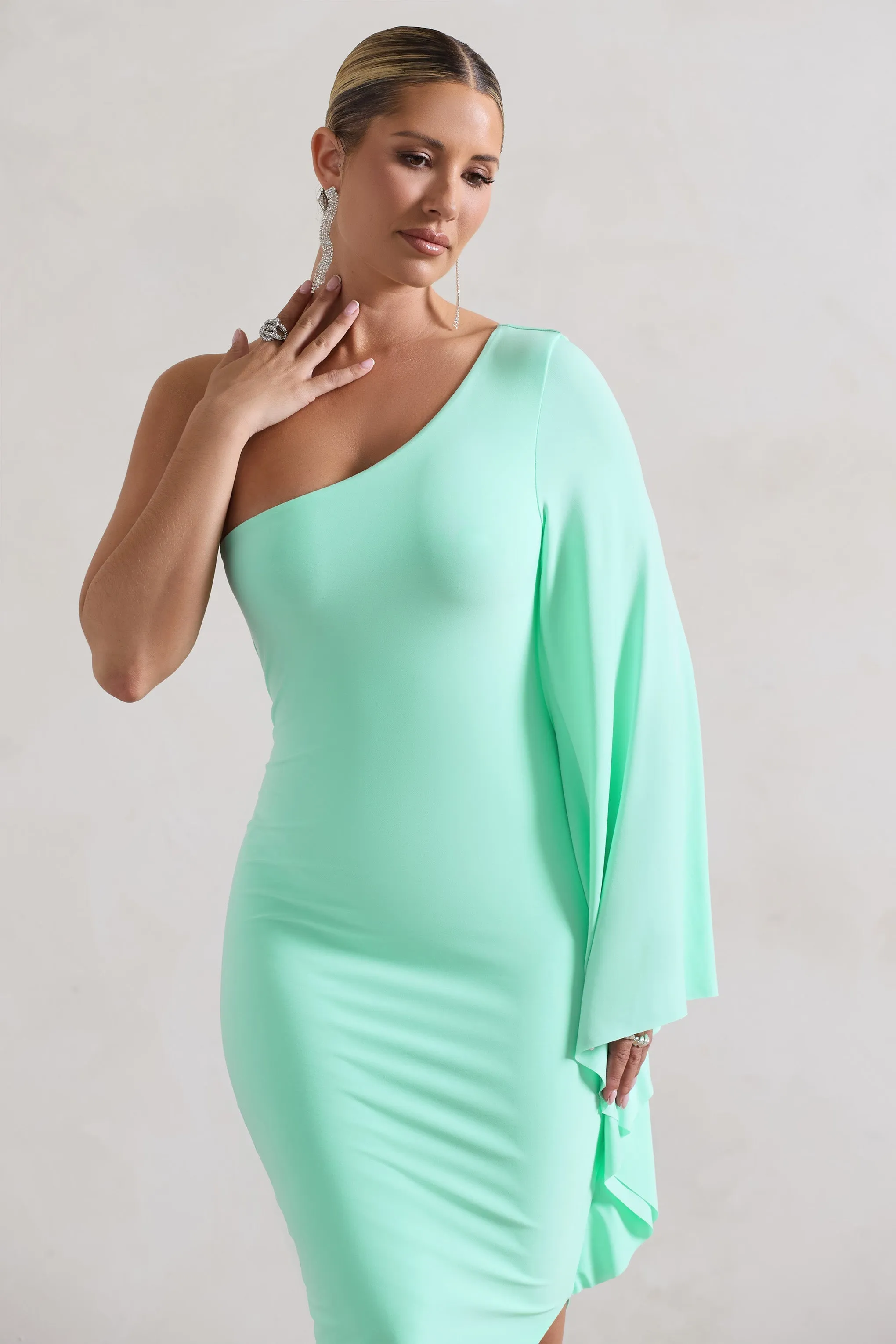 My Level | Mint Asymmetric Midi Dress With Cape Sleeve