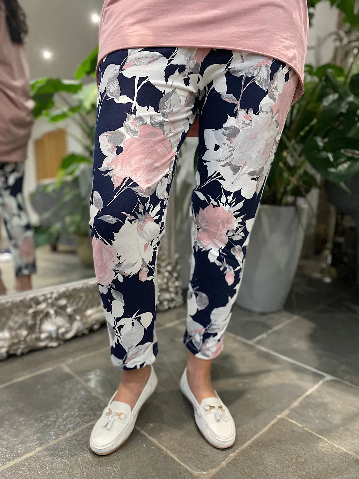 Navy Rose Print Joggers